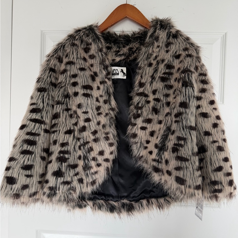 Faux Fur Leopard Print Jacket - Gray & Black